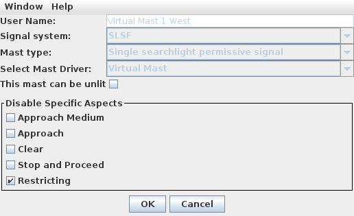 Signal Mast Definition for Virtual Mast 1 West.